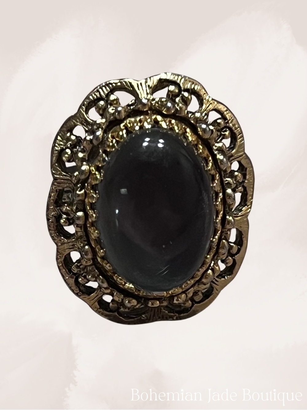 Vintage Cocktail Ring Adjustable Gold
 Gray Cabochon Filigree Statement Ring